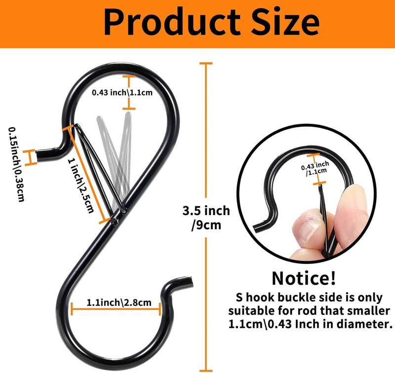 iCafePub 36 Pcs S Hooks for Hanging with Safety Buckle, 3.5 inch Heavy Duty Metal S Shaped Hooks Stainless Steel for Hanging Kitchen Utensil, Cups, Pots, Plants, Bags, Hats (Black) - Image 3